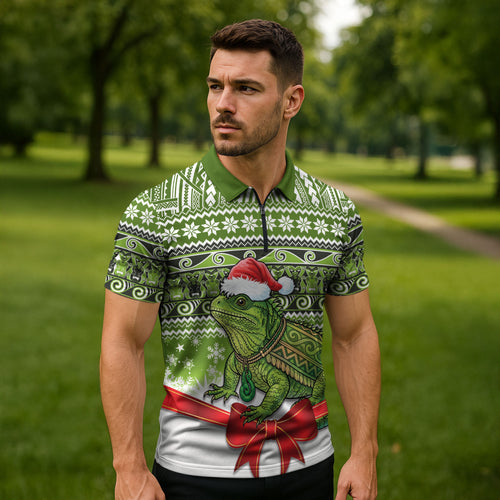 New Zealand Tuatara Christmas Zipper Polo Shirt Maori Inspired Knitted Patterns