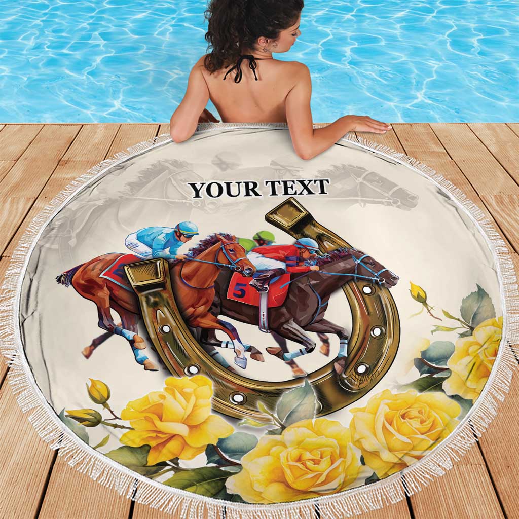 Melbourne Horse Racing Personalised Beach Blanket Australian Horse With Yellow Roses