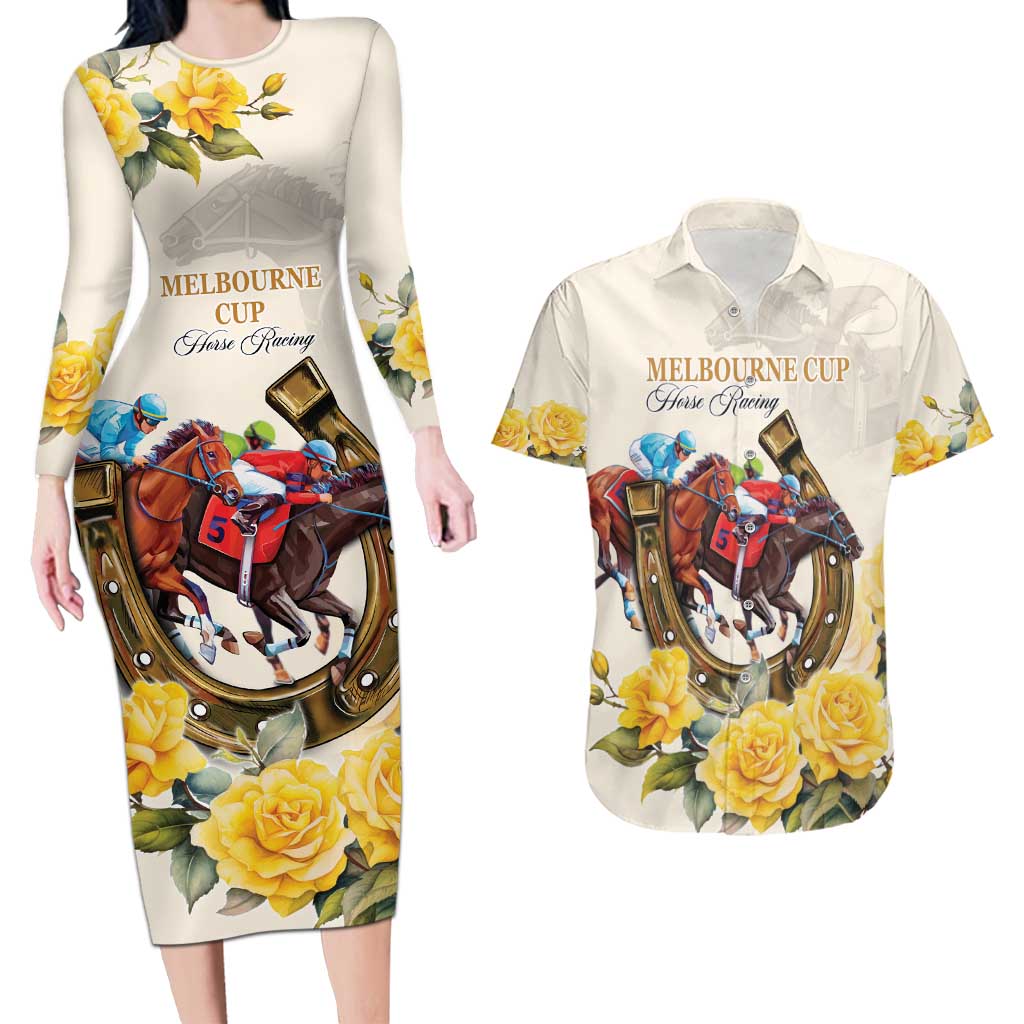 Melbourne Horse Racing Personalised Couples Matching Long Sleeve Bodycon Dress and Hawaiian Shirt Australian Horse With Yellow Roses
