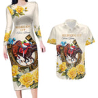 Melbourne Horse Racing Personalised Couples Matching Long Sleeve Bodycon Dress and Hawaiian Shirt Australian Horse With Yellow Roses