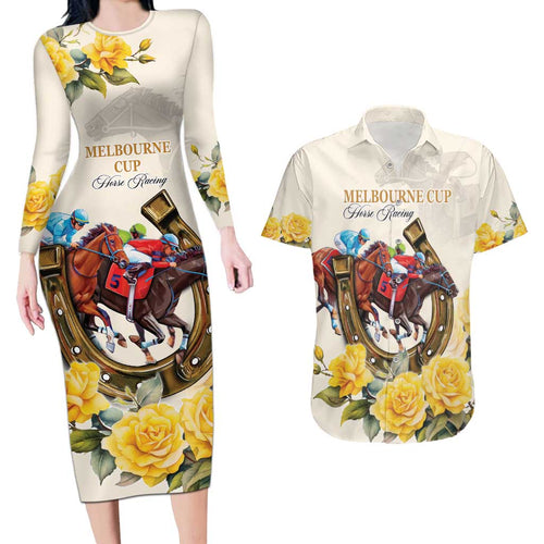 Melbourne Horse Racing Personalised Couples Matching Long Sleeve Bodycon Dress and Hawaiian Shirt Australian Horse With Yellow Roses