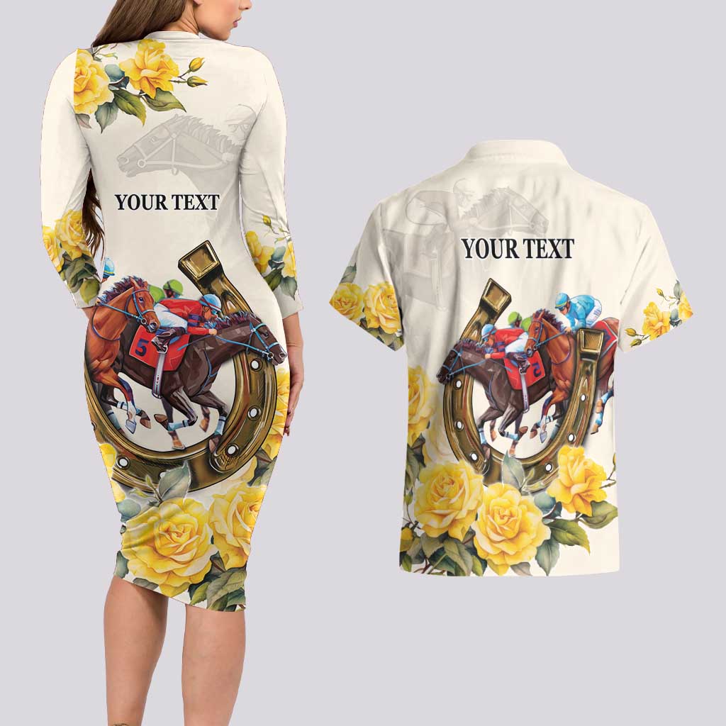 Melbourne Horse Racing Personalised Couples Matching Long Sleeve Bodycon Dress and Hawaiian Shirt Australian Horse With Yellow Roses