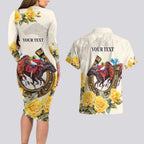 Melbourne Horse Racing Personalised Couples Matching Long Sleeve Bodycon Dress and Hawaiian Shirt Australian Horse With Yellow Roses