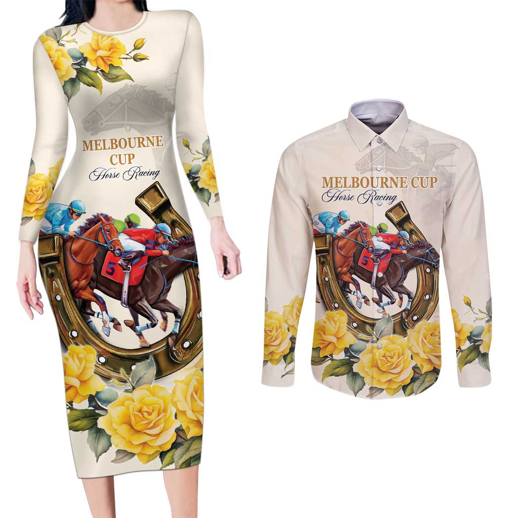 Melbourne Horse Racing Personalised Couples Matching Long Sleeve Bodycon Dress and Long Sleeve Button Shirt Australian Horse With Yellow Roses