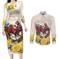 Melbourne Horse Racing Personalised Couples Matching Long Sleeve Bodycon Dress and Long Sleeve Button Shirt Australian Horse With Yellow Roses