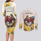 Melbourne Horse Racing Personalised Couples Matching Long Sleeve Bodycon Dress and Long Sleeve Button Shirt Australian Horse With Yellow Roses