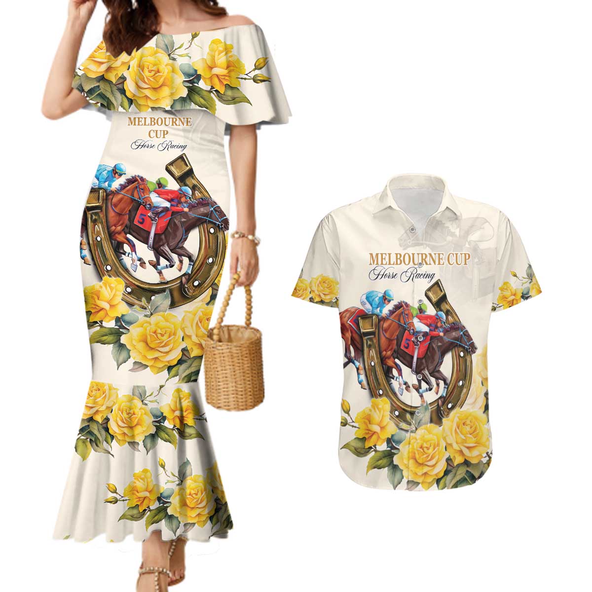Melbourne Horse Racing Personalised Couples Matching Mermaid Dress and Hawaiian Shirt Australian Horse With Yellow Roses