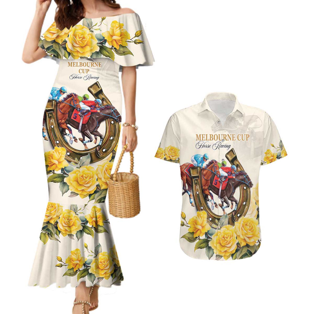 Melbourne Horse Racing Personalised Couples Matching Mermaid Dress and Hawaiian Shirt Australian Horse With Yellow Roses