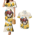 Melbourne Horse Racing Personalised Couples Matching Mermaid Dress and Hawaiian Shirt Australian Horse With Yellow Roses