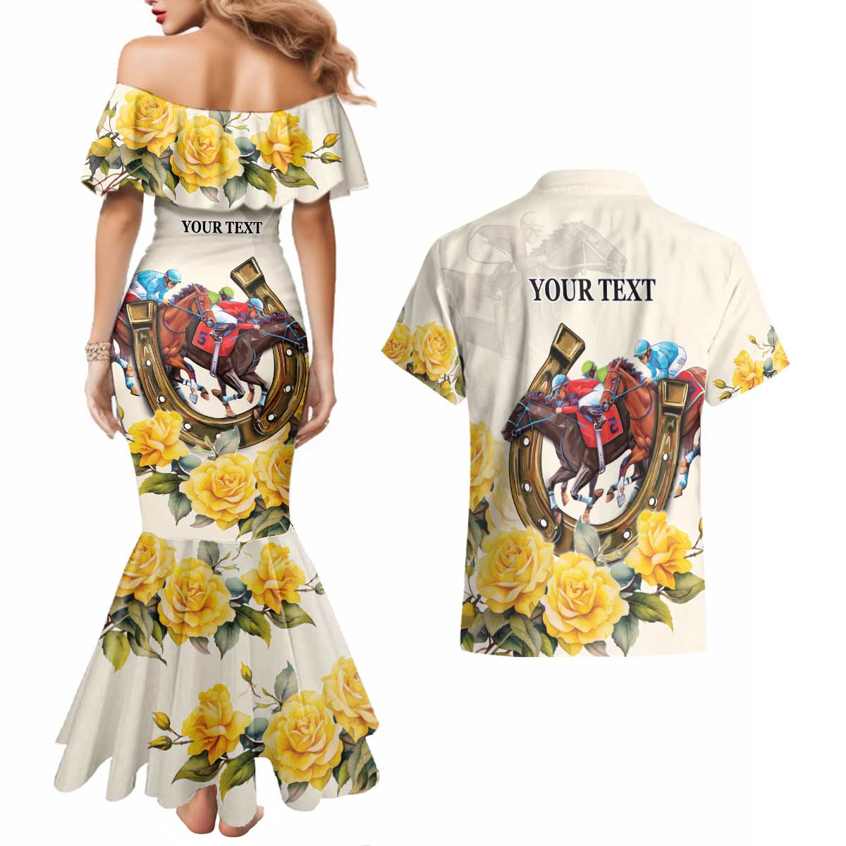 Melbourne Horse Racing Personalised Couples Matching Mermaid Dress and Hawaiian Shirt Australian Horse With Yellow Roses