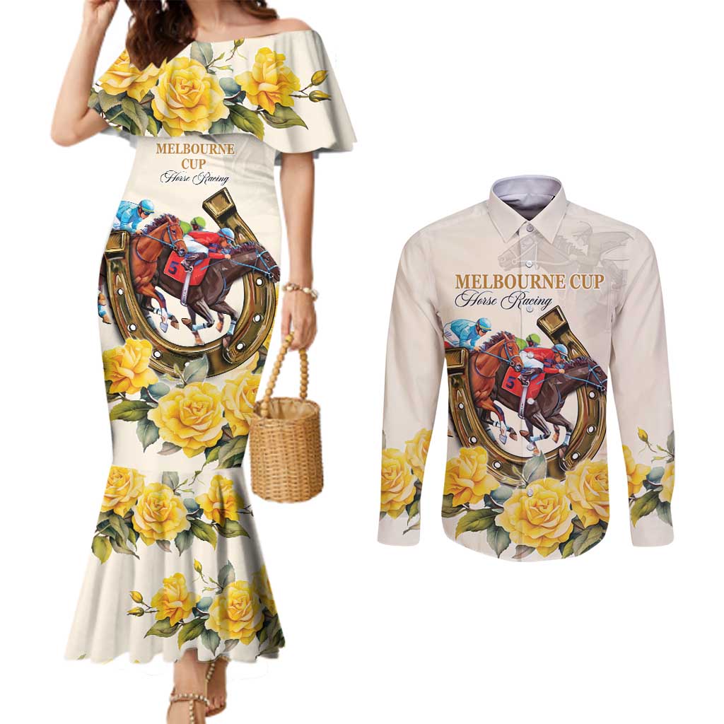 Melbourne Horse Racing Personalised Couples Matching Mermaid Dress and Long Sleeve Button Shirt Australian Horse With Yellow Roses
