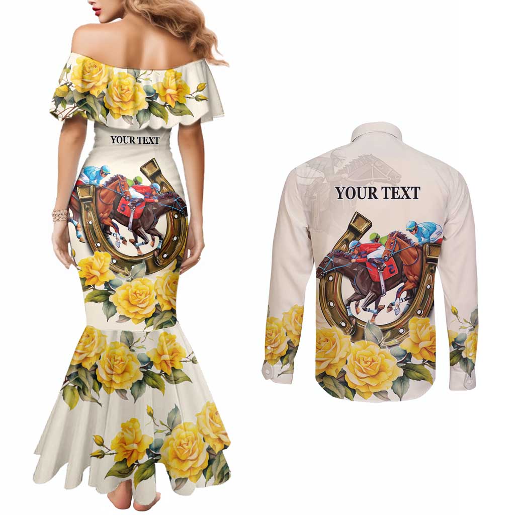 Melbourne Horse Racing Personalised Couples Matching Mermaid Dress and Long Sleeve Button Shirt Australian Horse With Yellow Roses