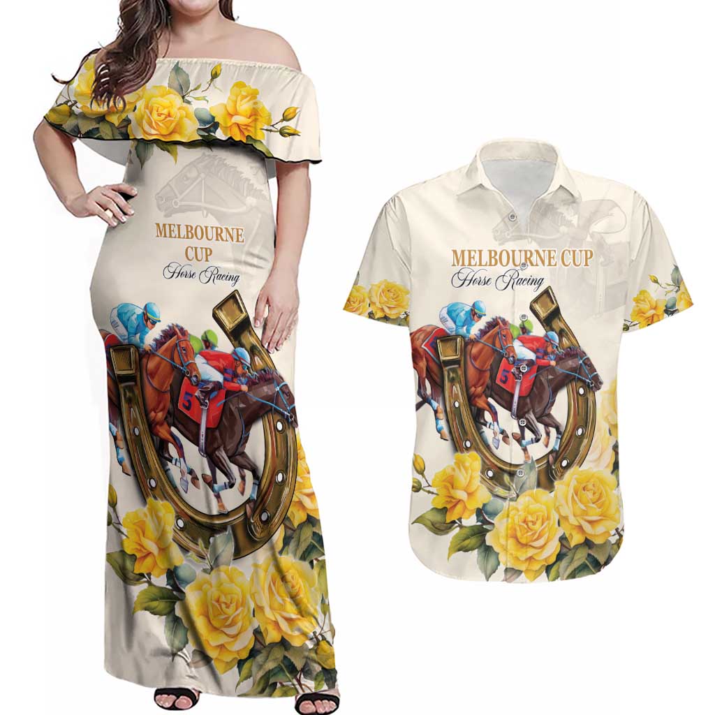 Melbourne Horse Racing Personalised Couples Matching Off Shoulder Maxi Dress and Hawaiian Shirt Australian Horse With Yellow Roses