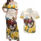Melbourne Horse Racing Personalised Couples Matching Off Shoulder Maxi Dress and Hawaiian Shirt Australian Horse With Yellow Roses