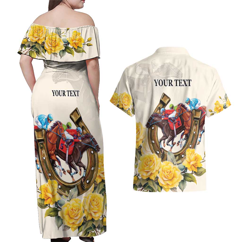 Melbourne Horse Racing Personalised Couples Matching Off Shoulder Maxi Dress and Hawaiian Shirt Australian Horse With Yellow Roses