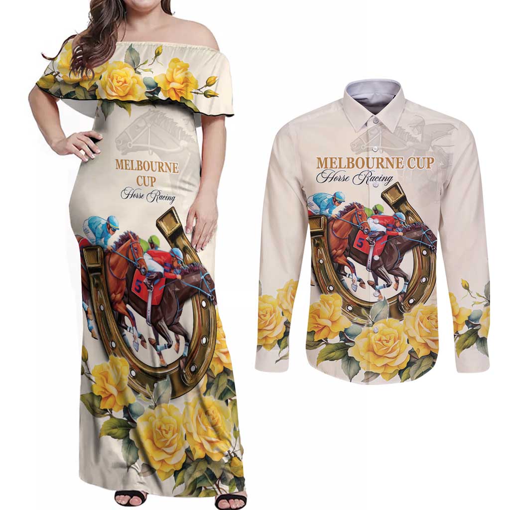 Melbourne Horse Racing Personalised Couples Matching Off Shoulder Maxi Dress and Long Sleeve Button Shirt Australian Horse With Yellow Roses