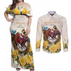 Melbourne Horse Racing Personalised Couples Matching Off Shoulder Maxi Dress and Long Sleeve Button Shirt Australian Horse With Yellow Roses