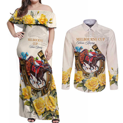 Melbourne Horse Racing Personalised Couples Matching Off Shoulder Maxi Dress and Long Sleeve Button Shirt Australian Horse With Yellow Roses