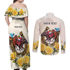 Melbourne Horse Racing Personalised Couples Matching Off Shoulder Maxi Dress and Long Sleeve Button Shirt Australian Horse With Yellow Roses