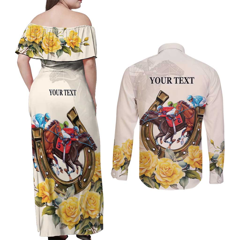 Melbourne Horse Racing Personalised Couples Matching Off Shoulder Maxi Dress and Long Sleeve Button Shirt Australian Horse With Yellow Roses