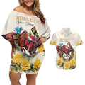 Melbourne Horse Racing Personalised Couples Matching Off Shoulder Short Dress and Hawaiian Shirt Australian Horse With Yellow Roses
