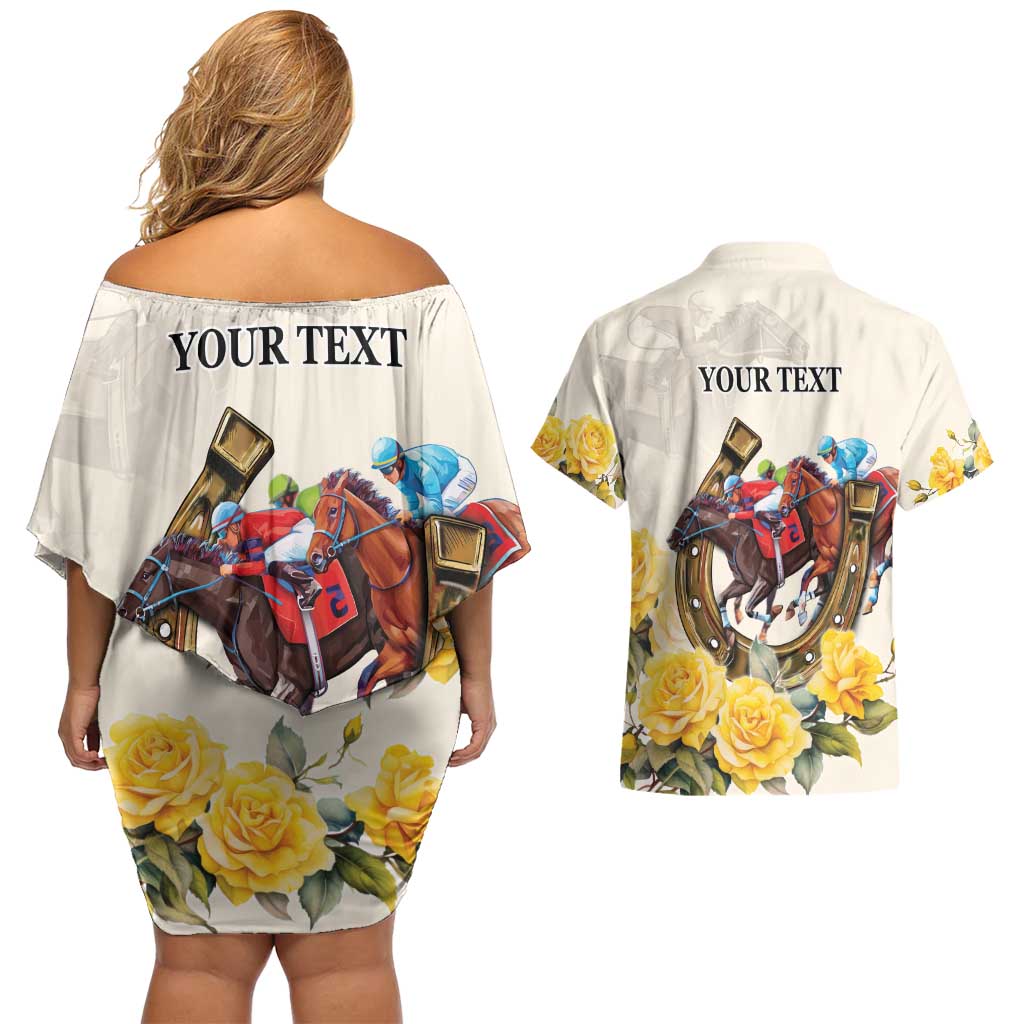 Melbourne Horse Racing Personalised Couples Matching Off Shoulder Short Dress and Hawaiian Shirt Australian Horse With Yellow Roses