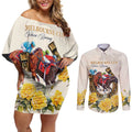 Melbourne Horse Racing Personalised Couples Matching Off Shoulder Short Dress and Long Sleeve Button Shirt Australian Horse With Yellow Roses