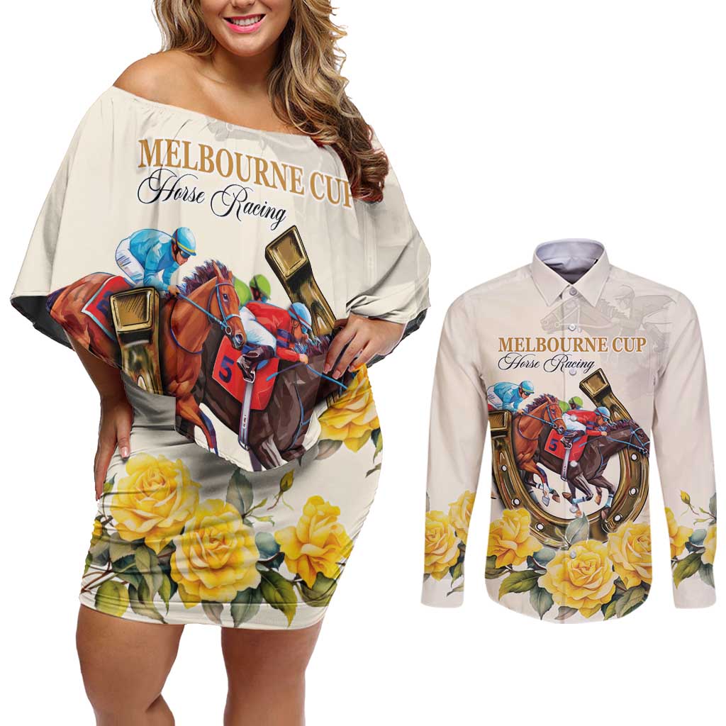 Melbourne Horse Racing Personalised Couples Matching Off Shoulder Short Dress and Long Sleeve Button Shirt Australian Horse With Yellow Roses