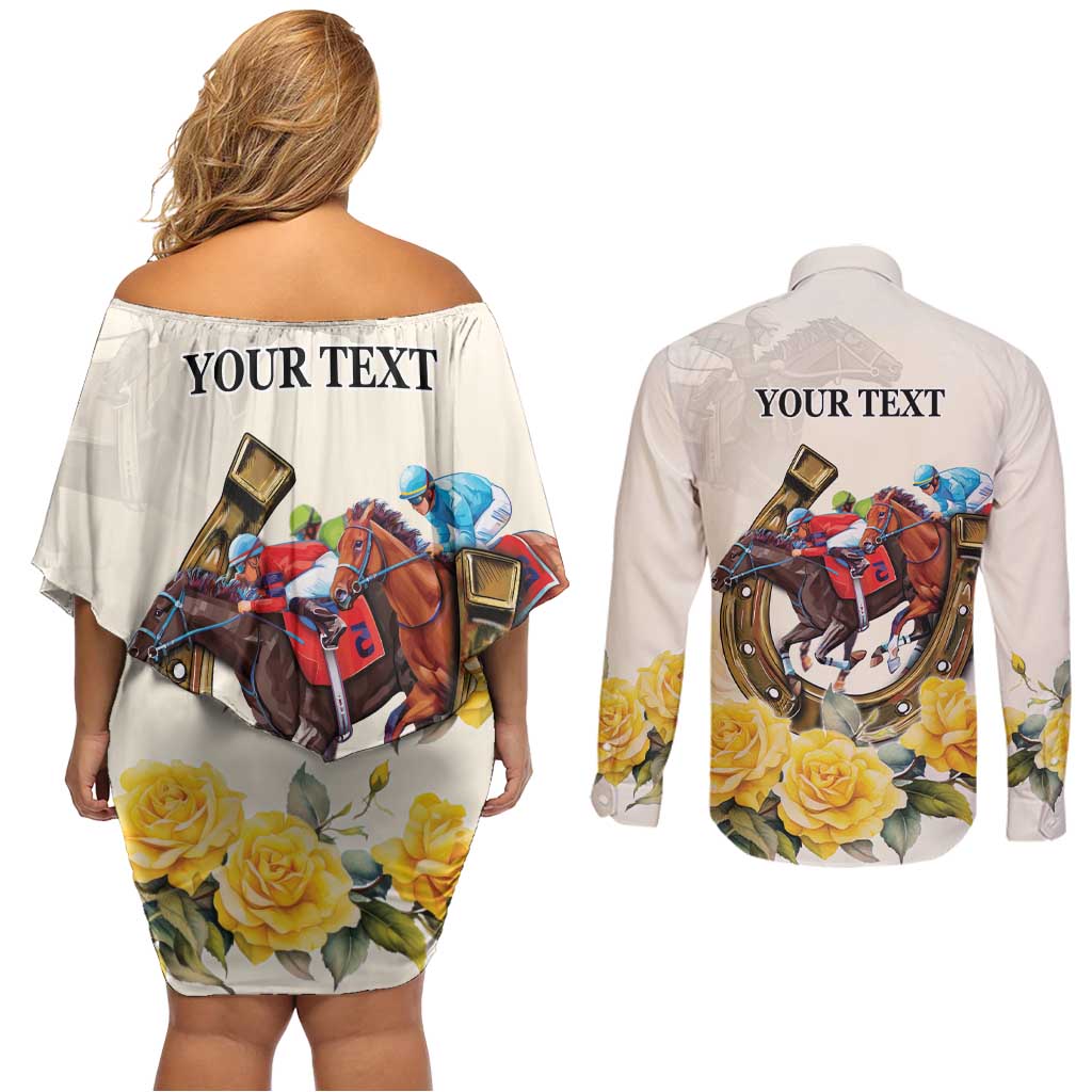 Melbourne Horse Racing Personalised Couples Matching Off Shoulder Short Dress and Long Sleeve Button Shirt Australian Horse With Yellow Roses