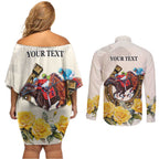 Melbourne Horse Racing Personalised Couples Matching Off Shoulder Short Dress and Long Sleeve Button Shirt Australian Horse With Yellow Roses