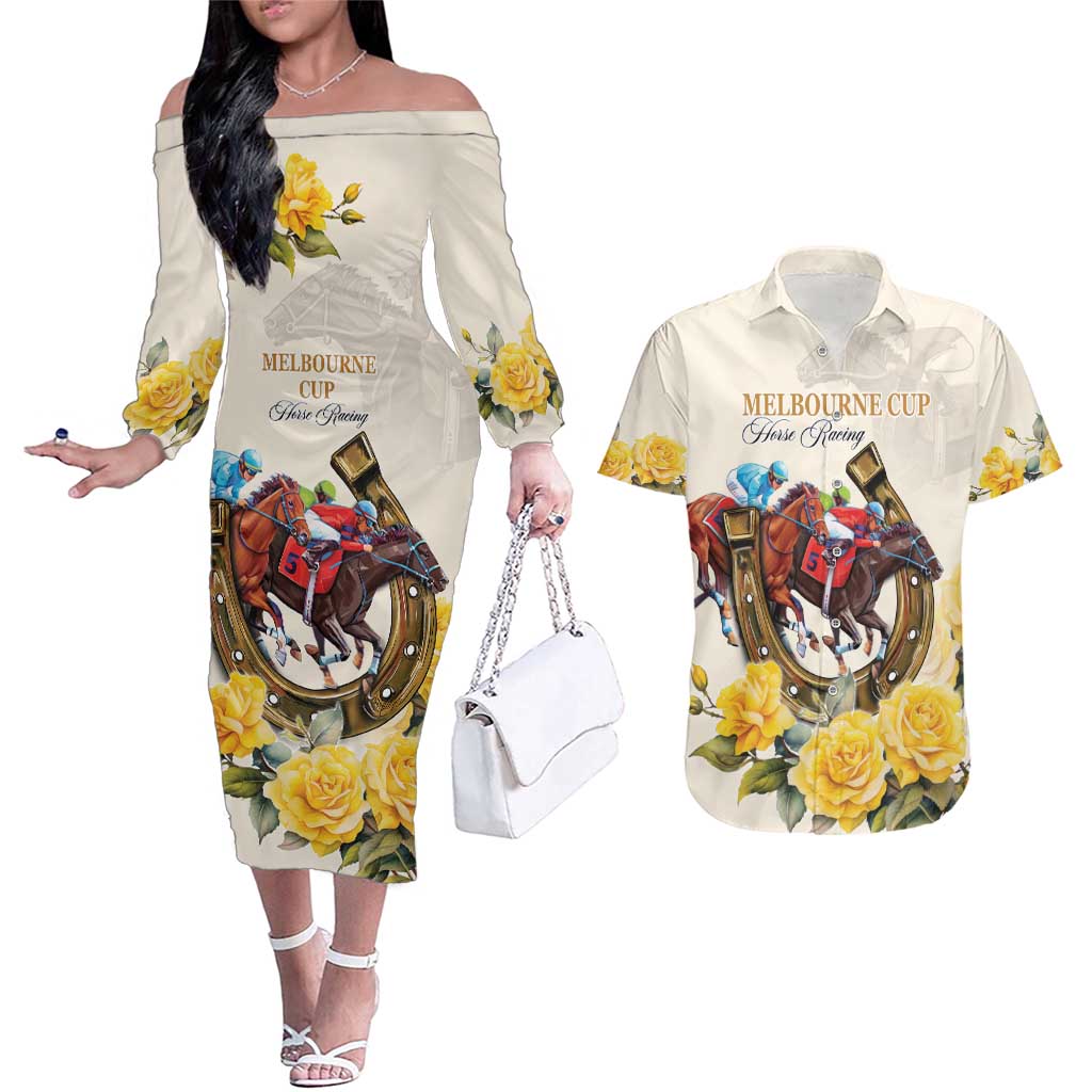Melbourne Horse Racing Personalised Couples Matching Off The Shoulder Long Sleeve Dress and Hawaiian Shirt Australian Horse With Yellow Roses