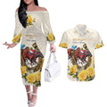 Melbourne Horse Racing Personalised Couples Matching Off The Shoulder Long Sleeve Dress and Hawaiian Shirt Australian Horse With Yellow Roses