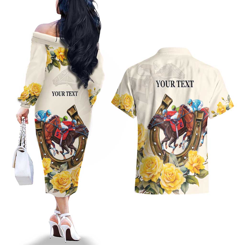 Melbourne Horse Racing Personalised Couples Matching Off The Shoulder Long Sleeve Dress and Hawaiian Shirt Australian Horse With Yellow Roses