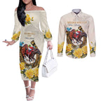 Melbourne Horse Racing Personalised Couples Matching Off The Shoulder Long Sleeve Dress and Long Sleeve Button Shirt Australian Horse With Yellow Roses
