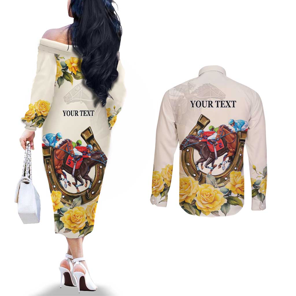 Melbourne Horse Racing Personalised Couples Matching Off The Shoulder Long Sleeve Dress and Long Sleeve Button Shirt Australian Horse With Yellow Roses