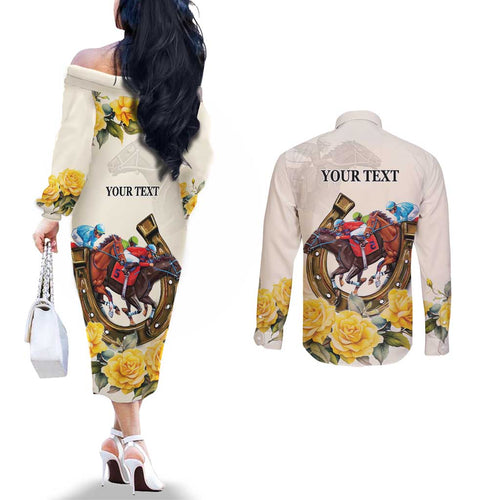 Melbourne Horse Racing Personalised Couples Matching Off The Shoulder Long Sleeve Dress and Long Sleeve Button Shirt Australian Horse With Yellow Roses
