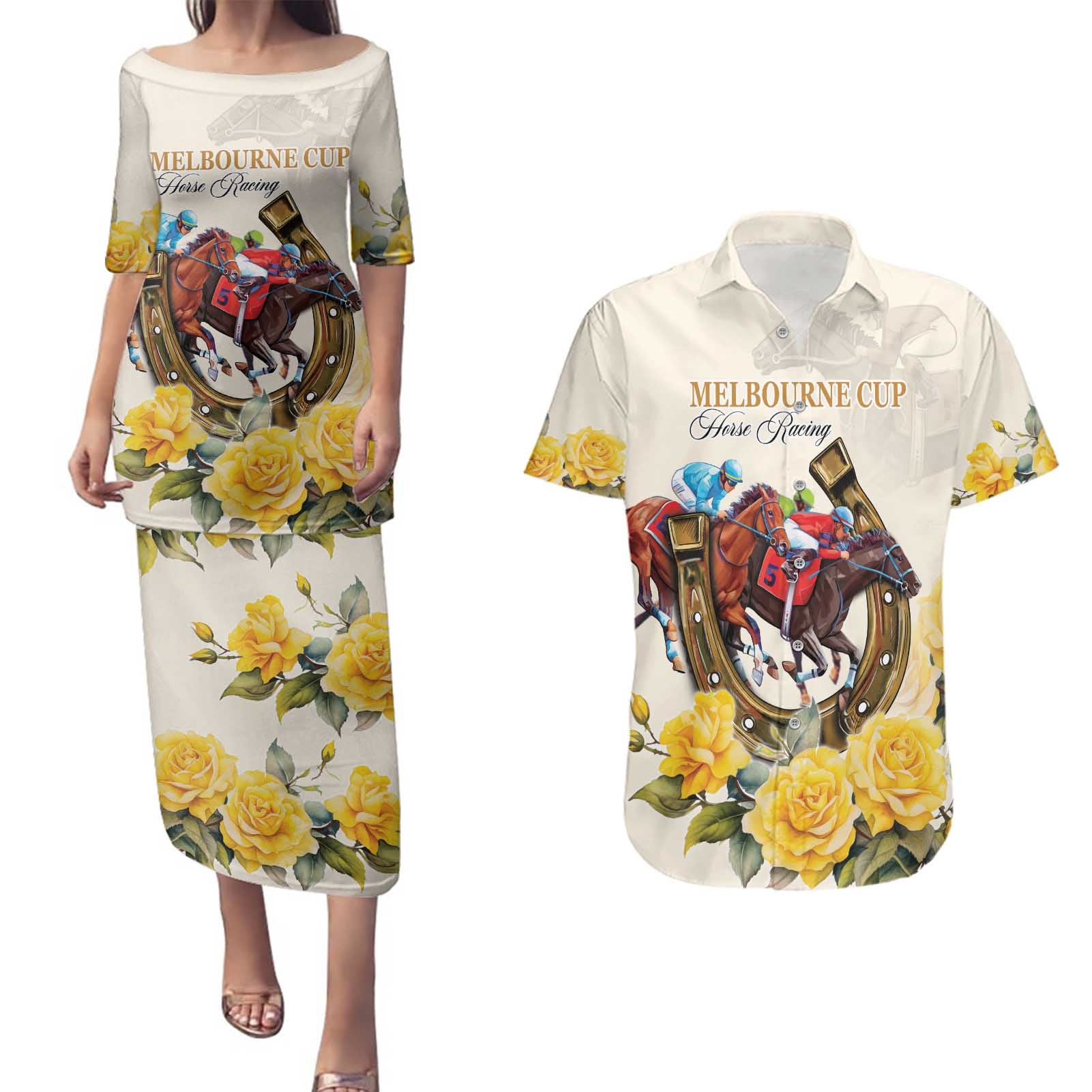 Melbourne Horse Racing Personalised Couples Matching Puletasi and Hawaiian Shirt Australian Horse With Yellow Roses