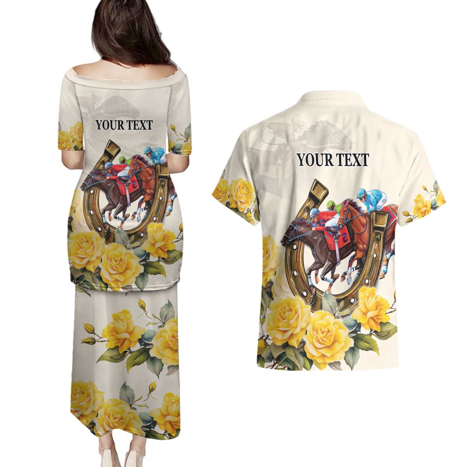 Melbourne Horse Racing Personalised Couples Matching Puletasi and Hawaiian Shirt Australian Horse With Yellow Roses
