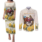 Melbourne Horse Racing Personalised Couples Matching Puletasi and Long Sleeve Button Shirt Australian Horse With Yellow Roses