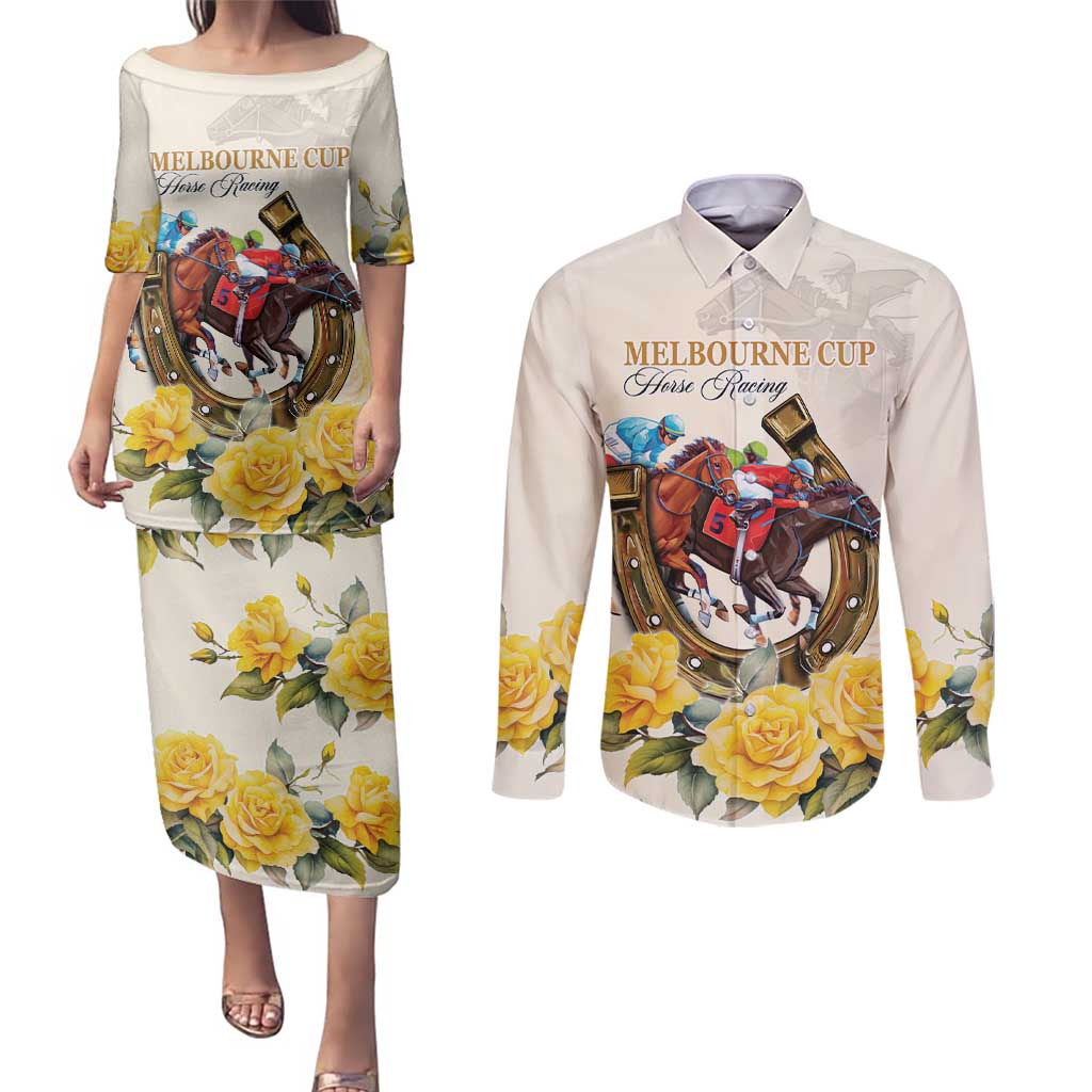 Melbourne Horse Racing Personalised Couples Matching Puletasi and Long Sleeve Button Shirt Australian Horse With Yellow Roses