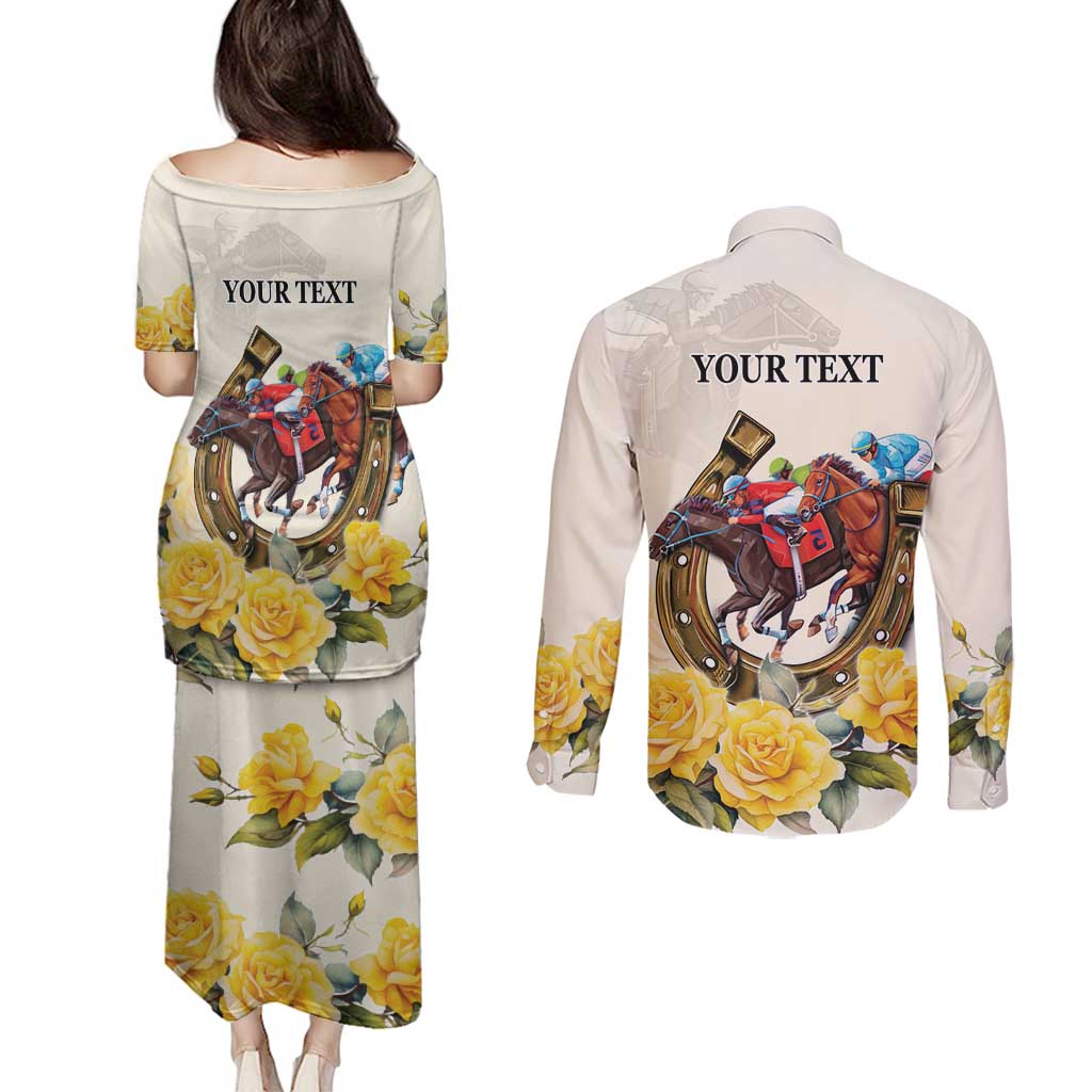 Melbourne Horse Racing Personalised Couples Matching Puletasi and Long Sleeve Button Shirt Australian Horse With Yellow Roses