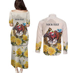 Melbourne Horse Racing Personalised Couples Matching Puletasi and Long Sleeve Button Shirt Australian Horse With Yellow Roses
