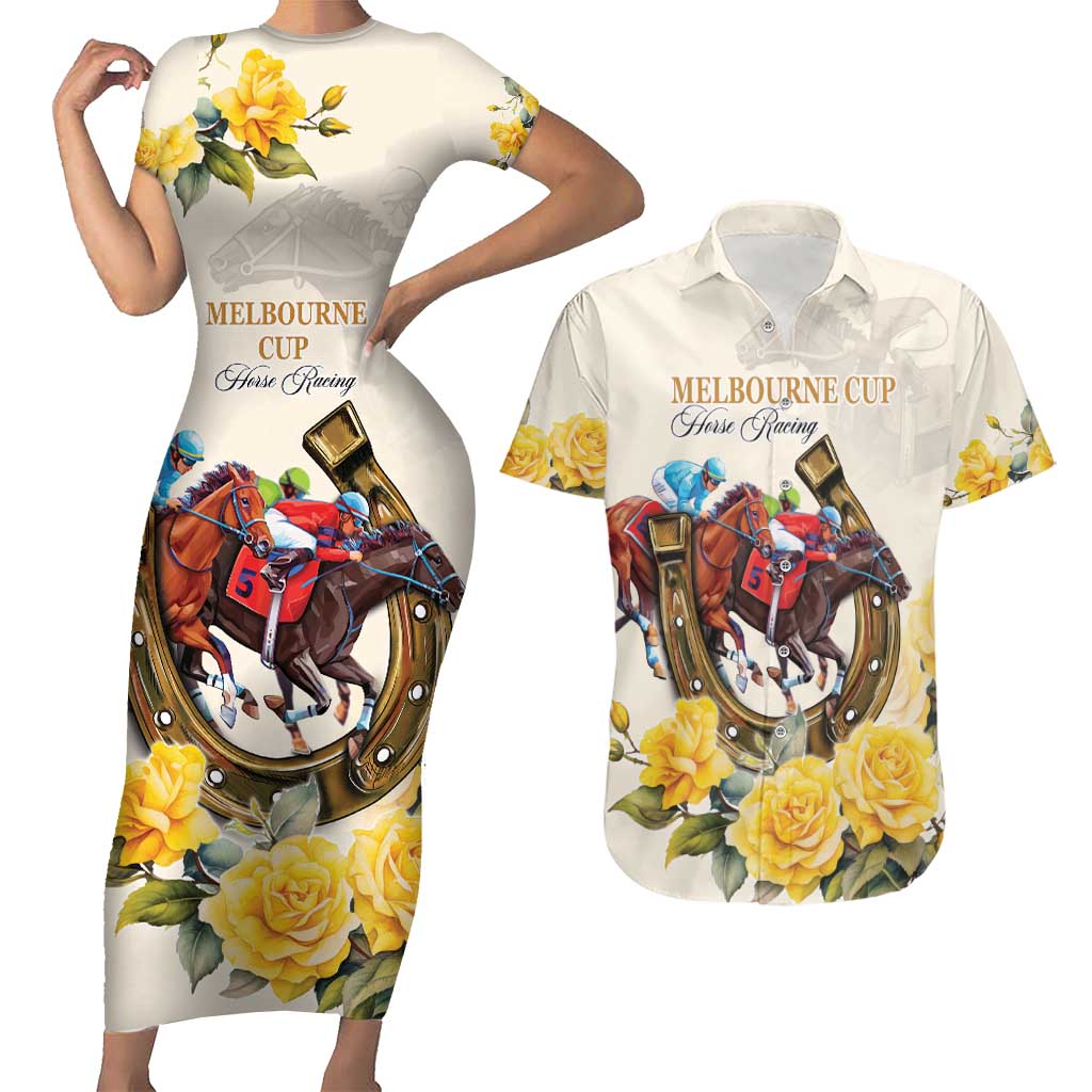 Melbourne Horse Racing Personalised Couples Matching Short Sleeve Bodycon Dress and Hawaiian Shirt Australian Horse With Yellow Roses