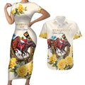 Melbourne Horse Racing Personalised Couples Matching Short Sleeve Bodycon Dress and Hawaiian Shirt Australian Horse With Yellow Roses