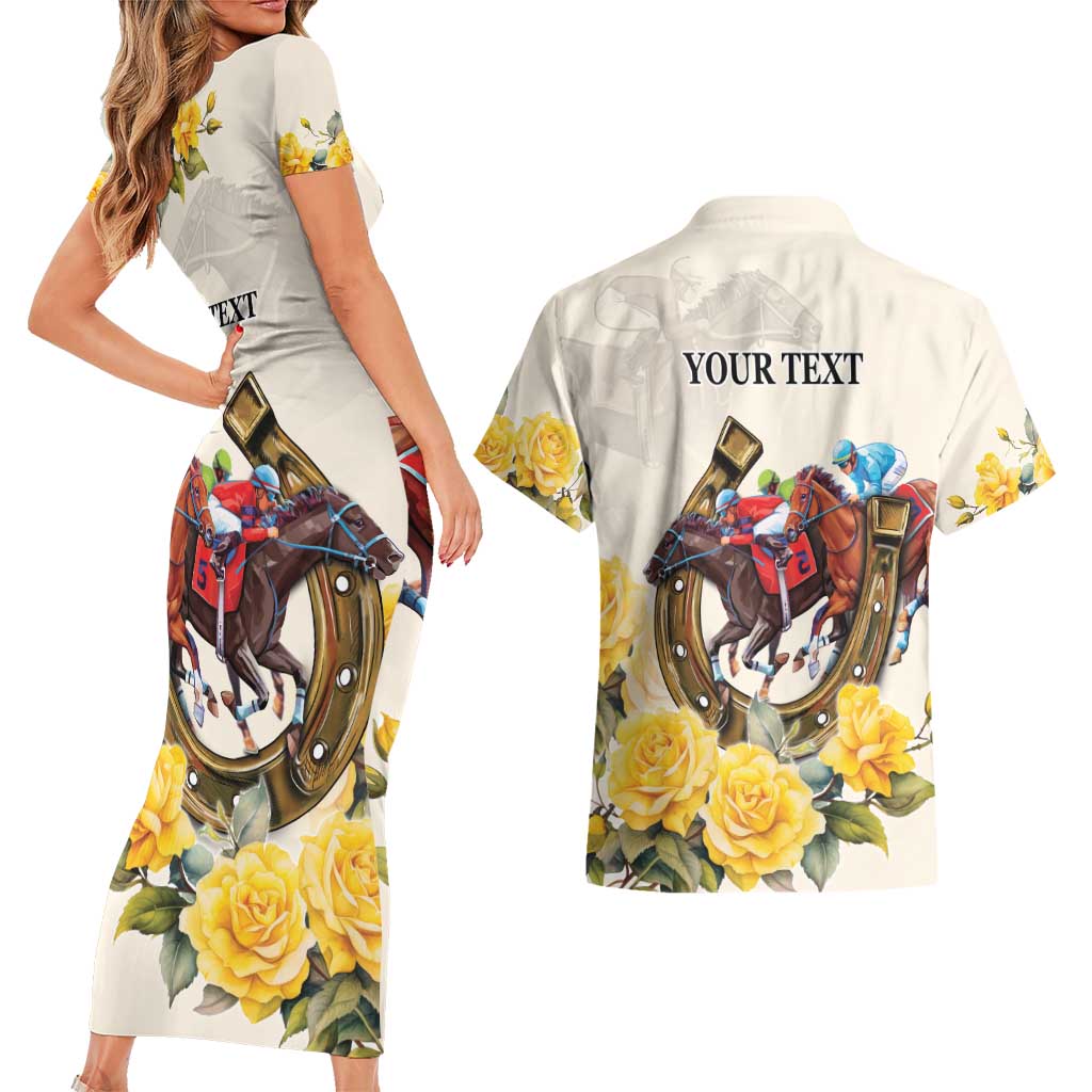 Melbourne Horse Racing Personalised Couples Matching Short Sleeve Bodycon Dress and Hawaiian Shirt Australian Horse With Yellow Roses