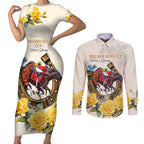 Melbourne Horse Racing Personalised Couples Matching Short Sleeve Bodycon Dress and Long Sleeve Button Shirt Australian Horse With Yellow Roses