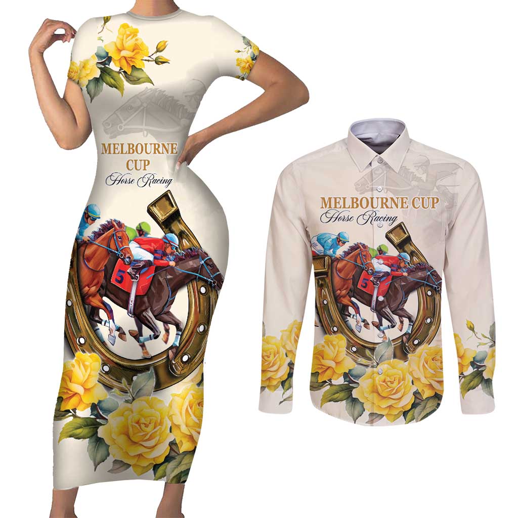 Melbourne Horse Racing Personalised Couples Matching Short Sleeve Bodycon Dress and Long Sleeve Button Shirt Australian Horse With Yellow Roses