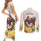 Melbourne Horse Racing Personalised Couples Matching Short Sleeve Bodycon Dress and Long Sleeve Button Shirt Australian Horse With Yellow Roses