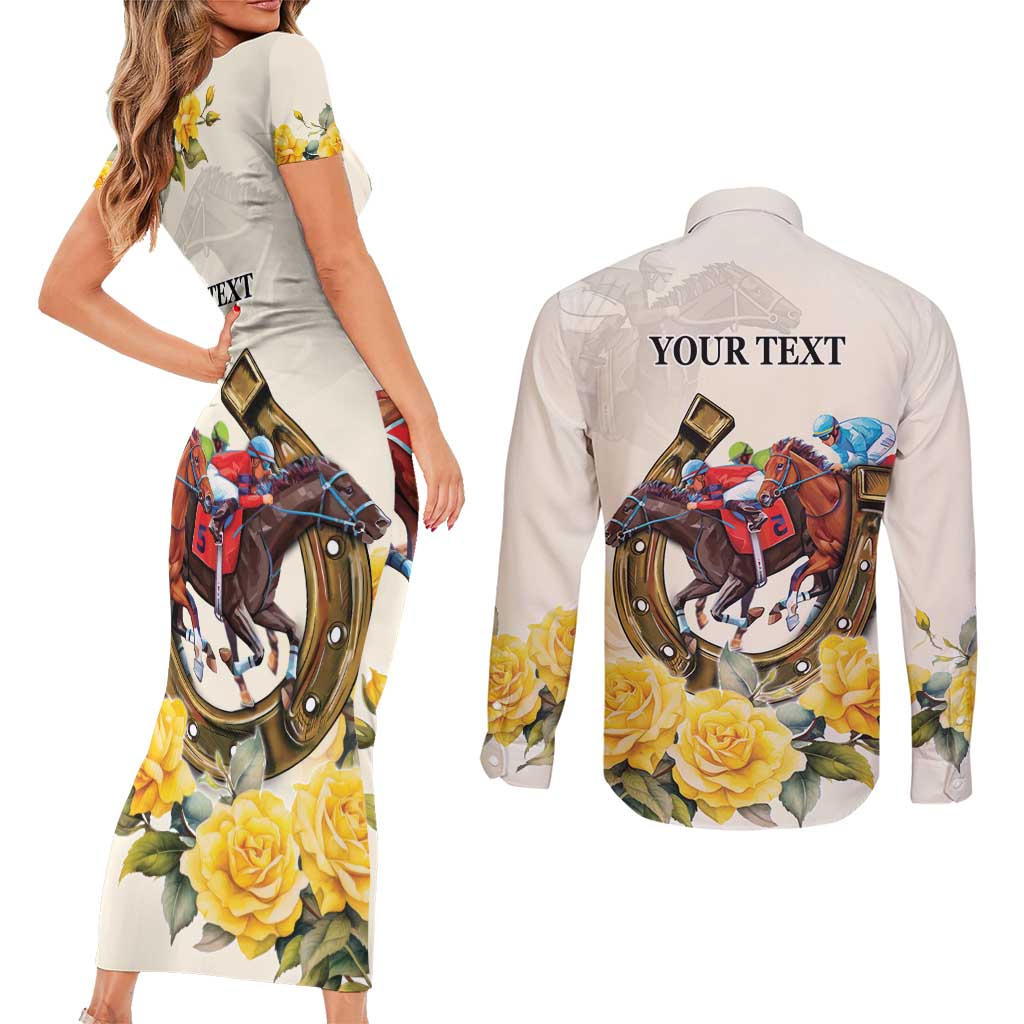 Melbourne Horse Racing Personalised Couples Matching Short Sleeve Bodycon Dress and Long Sleeve Button Shirt Australian Horse With Yellow Roses