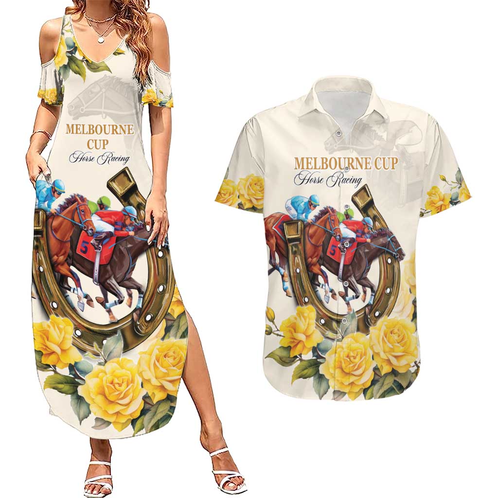 Melbourne Horse Racing Personalised Couples Matching Summer Maxi Dress and Hawaiian Shirt Australian Horse With Yellow Roses
